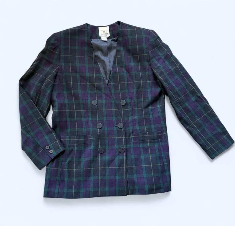 En Avance Vintage Blazer Double Breasted Plaid Retro Dark Academia School Sz 12